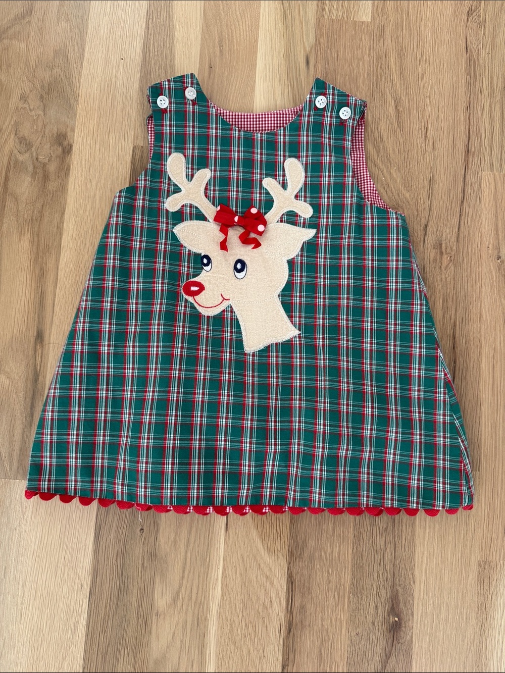 Reversible Girls Green Plaid Reindeer A-Line Dress with Red Trim and Valentine